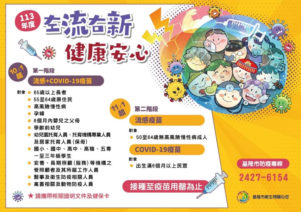 「左流右新 健康安心」公費流感、新冠JN.1疫苗10月1日起同步分兩階段開打 基隆市衛生局呼籲民眾踴躍接種